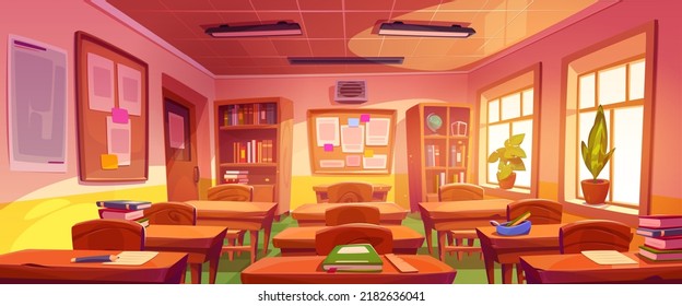 Empty School Classroom, Education Class With Wooden Tables And Chairs, Bookcases And Bulletin Boards With Notes On Walls. Vector Cartoon Illustration Of Study Room Interior