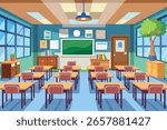 Empty school classroom illustration in flat vector style. Back-to-school concept with desks, chairs, and a chalkboard. Perfect for educational themes and academic designs.