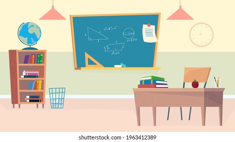 Empty school classroom interior, banner in flat cartoon design. Teacher desk with books and apple, blackboard with math formulas, bookshelf and globe. Education. Vector illustration of web background