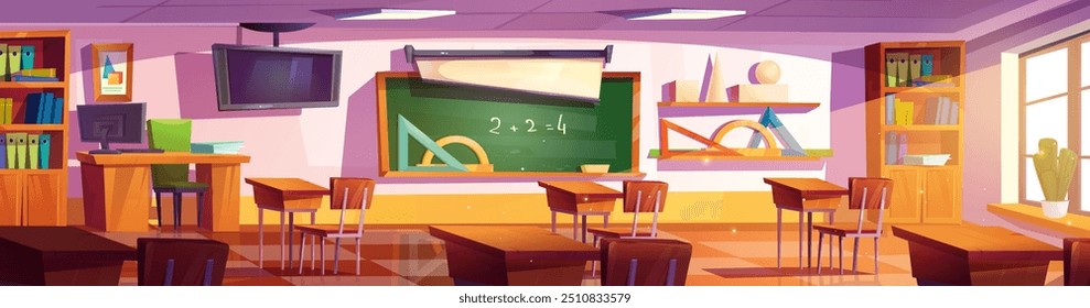 Interior vacío del aula escolar con Vector de escritorio. Sala de clase universitaria en el interior para estudiar con pizarra, silla y muebles de madera. Espacio de educación elemental para conferencia de matemáticas o concepto de formación.