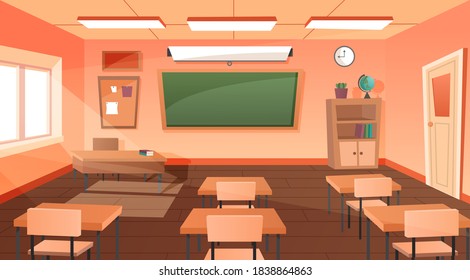 Empty school classroom for lessons. Empty school classroom room interior blackboard desk. Educational concept, school or college classroom. Pupils and teacher in the class. Vector illustration