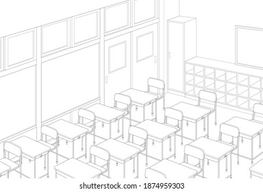 Empty school classroom (Monochrome background material for comic books)
