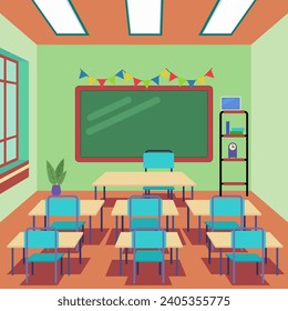 Empty school classroom vector illustration. Blackboard, tables and chairs. Classroom interior concept