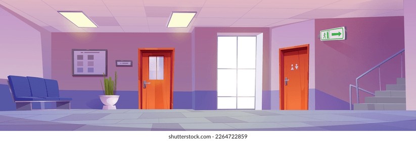 Empty school or clinic hallway interior design. Vector cartoon illustration of corridor with class or office and wc doors, large window, chairs, exit arrow sign above stairs. Waiting area in hospital