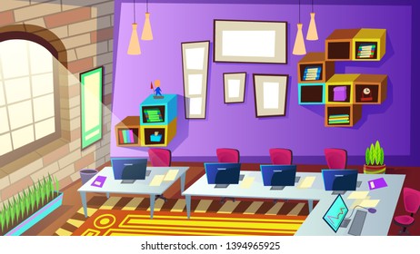 Empty School or Company Staff Training Room Interior with Computers on Desk in Front Large Window, Shelves on Wall. Tutor Place with PC nearby. Education Center. Cartoon Flat Vector Illustration