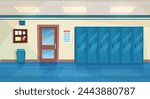 Empty School Corridor Interior With Row Of Lockers,closed door to classroom. Horizontal Banner. cartoon College campus hall or university lobby. Vector illustration in a flat style