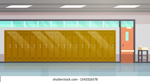 empty school corridor interior with row of lockers flat horizontal vector illustration