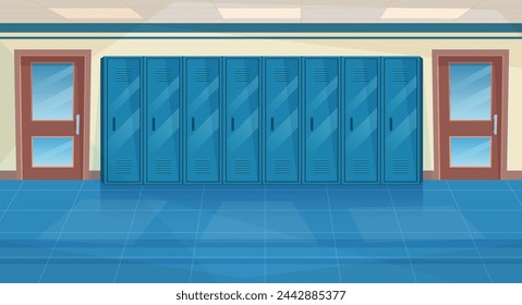 Empty School Corridor Interior With Row Of Lockers,closed door to classroom. Horizontal Banner. cartoon College campus hall or university lobby. Vector illustration in a flat style