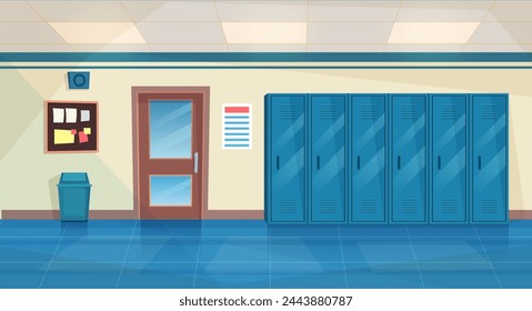 Empty School Corridor Interior With Row Of Lockers,closed door to classroom. Horizontal Banner. cartoon College campus hall or university lobby. Vector illustration in a flat style