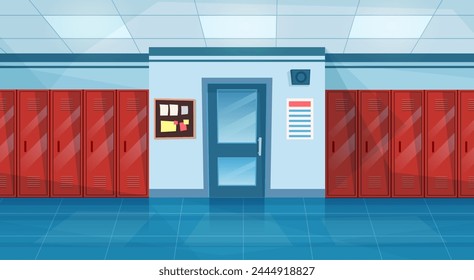 Empty School Corridor Interior With Row Of Lockers,closed door to classroom. Horizontal Banner. cartoon College campus hall or university lobby. Vector illustration in a flat style