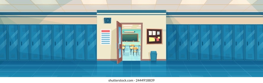 Empty School Corridor Interior With Row Of Lockers,and open door in classroom. Horizontal Banner. cartoon College campus hall or university lobby. Vector illustration in a flat style