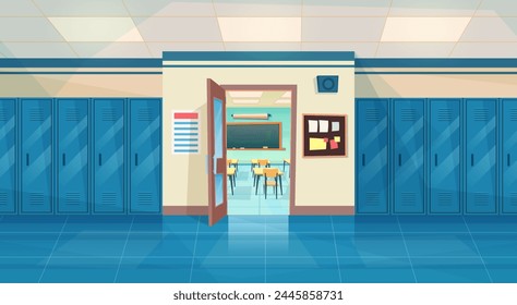 Interior del pasillo de la escuela vacío con fila de taquillas, y puerta abierta en el aula. Anuncio Horizontal. dibujos animados Salón del campus universitario o vestíbulo de la universidad. Ilustración vectorial en un estilo plano