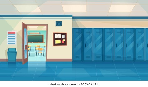 Empty School Corridor Interior With Row Of Lockers,and open door in classroom. Horizontal Banner. cartoon College campus hall or university lobby. Vector illustration in a flat style