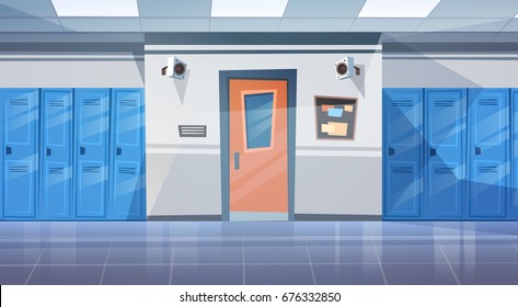 Empty School Corridor Interior With Row Of Lockers Horizontal Banner Flat Vector Illustration