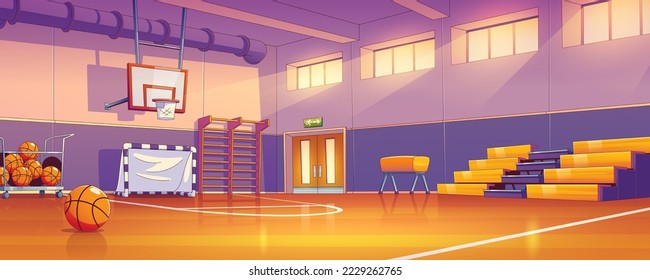 Empty school gym with sports equipment. Contemporary vector illustration of basketball court with shiny floor, balls, football gate, ladder and spectator seats. Arena for team game competitions