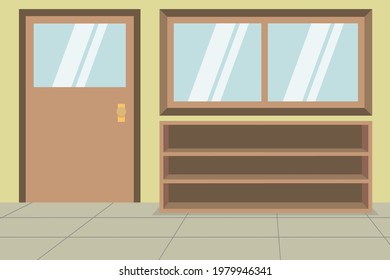 Empty School Hallway Background During Pandemic. Children Book. Vector Illustration.