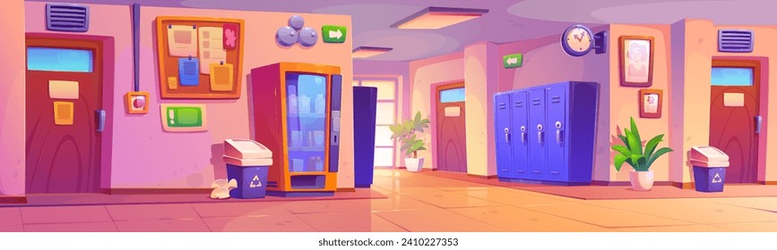 Empty school hallway with doors to classrooms, lockers and vending machine, noticeboard with bulletin and bell. Cartoon vector illustration of corridor interior of elementary or high school building.