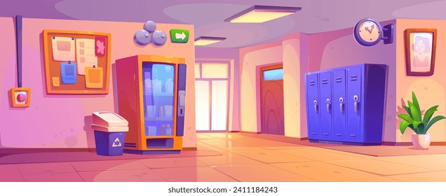 Empty school hallway with doors to classrooms, lockers and vending machine, noticeboard with bulletin and bell. Cartoon vector illustration of corridor interior of elementary or high school building.