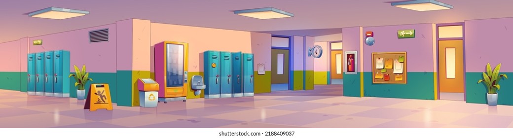 Empty school hallway with lockers, vending machine, bulletin board and doors to classrooms. Vector contemporary illustration of college corridor interior with wet floor sign