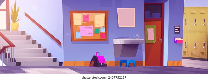 Empty school hallway with stairs and doors, lockers and backpack on floor near sink with water. Cartoon vector illustration of corridor interior with classroom entrance and noticeboard on wall.