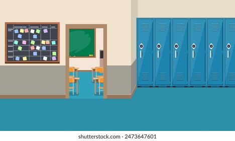 interior de la escuela vacío, puerta abierta en el aula. Ilustración vectorial en estilo plano