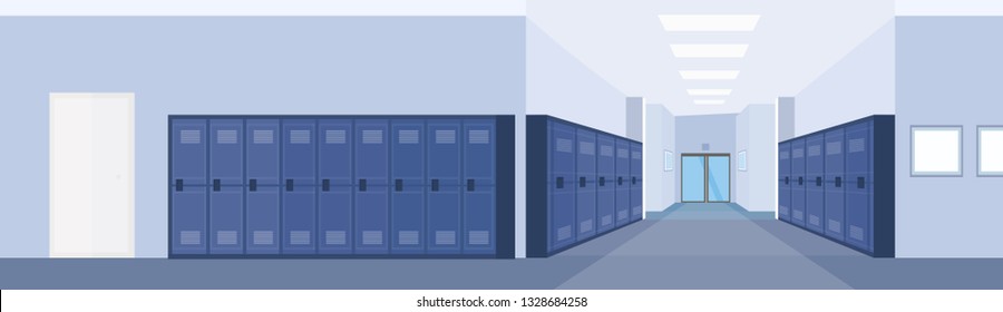 empty school lobby corridor interior with row of blue lockers horizontal banner flat