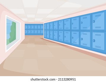 Empty school passageway flat color vector illustration. Educational space, high school lobby. College hallway with no people 2D cartoon interior with private lockers row on background