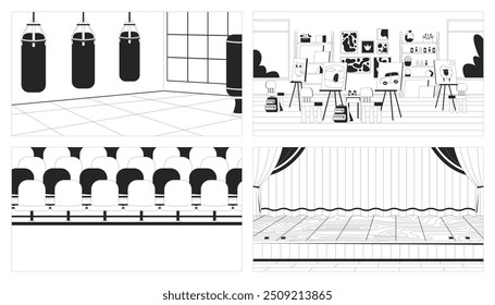 Conjunto de ilustraciones de línea en blanco y negro de salas de escuela vacías. Estudio de arte, interiores de gimnasio de artes marciales 2D fondos monocromáticos. Gradas de estadio, escenario de teatro esbozo Imágenes vectoriales colección