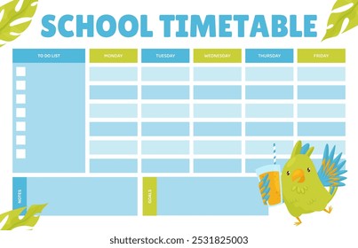 Empty School Timetable with Green Parrot Funny Bird Vector Template