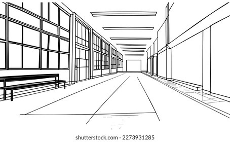 Empty school vector black line illustration isolated white. Sketch art