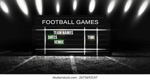Plantilla vacía del marcador con marcadores de posición de texto para el calendario de los partidos de fútbol bajo las luces del estadio. Ilustración de maqueta digital con espacio de copia.