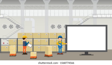 Empty screen monitor in warehouse with workers working flat design vector illustration