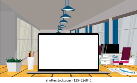empty screen on laptop in interior working space in house or home office in warming color tone with copy space for text in wallpaper style