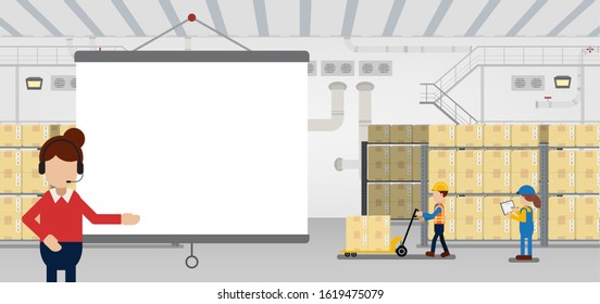 Empty screen Projector in warehouse with workers working flat design vector illustration