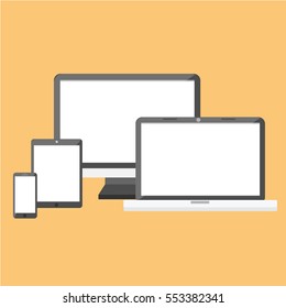 Empty screens set. Computer monitor, laptop, tablet, smartphone