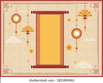 Empty Scroll Paper With Hanging Chinese Ornaments Decorated Beige Geometric Pattern Background.