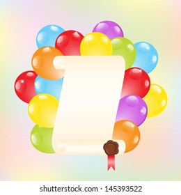 Empty scroll with wax seal and colourful balloons
