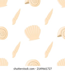 Empty seashell flat vector seamless pattern background. Sea world elements. Summertime beach relax. Clam shell.