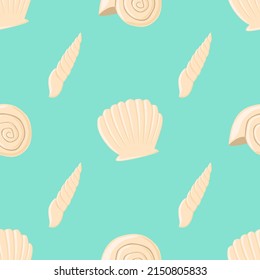 Empty seashell flat vector seamless pattern background. Sea world elements. Summertime beach relax. Clam shell.