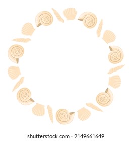 Empty seashell round frame vector isolated illustration. Sea world elements. Summertime beach relax. Clam shell.
