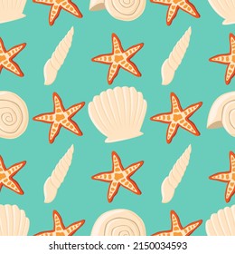 Empty seashell and starfish vector seamless pattern background. Sea world elements. Summertime beach relax. Clam shell. Sea underwater animal