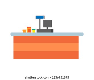 Empty seller counters and desks of cashier vector. Supermarket cash desk with computer, jars and glasses with products on desktop in store isolated icons