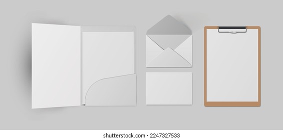 Empty set of folder, envelope and paper A4 clipboard for branding mockup and demonstrate corporate identity style. Realistic vector bundle of stationery design on grey background with layout objects.