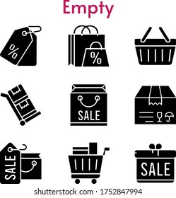 empty set. included gift, shopping bag, package, price tag, shopping cart, shopping-basket, trolley icons. filled styles.