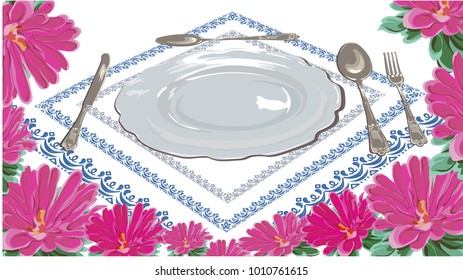 Empty set for table setting for one, on an embroidered napkin in a frame of flowers of pink asters painted in a vector for a restaurant