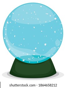Empty and shaken snow globe with snowfall, decorated with green outer base, isolated over white background.
