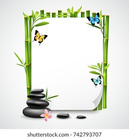 Empty sheet decorated with butterfly bamboo shoots and spa accessories realistic icons vector illustration 