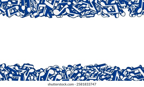 Empty sheet of horizontal banner with notes, musical keys signs and symbols piled up in heap. Musical notes folded into border lines at top and bottom. Vector banner for advertising of music party