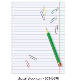 Empty sheet of paper from a notebook and crayon