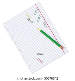 Empty sheet of paper from a notebook and crayon
